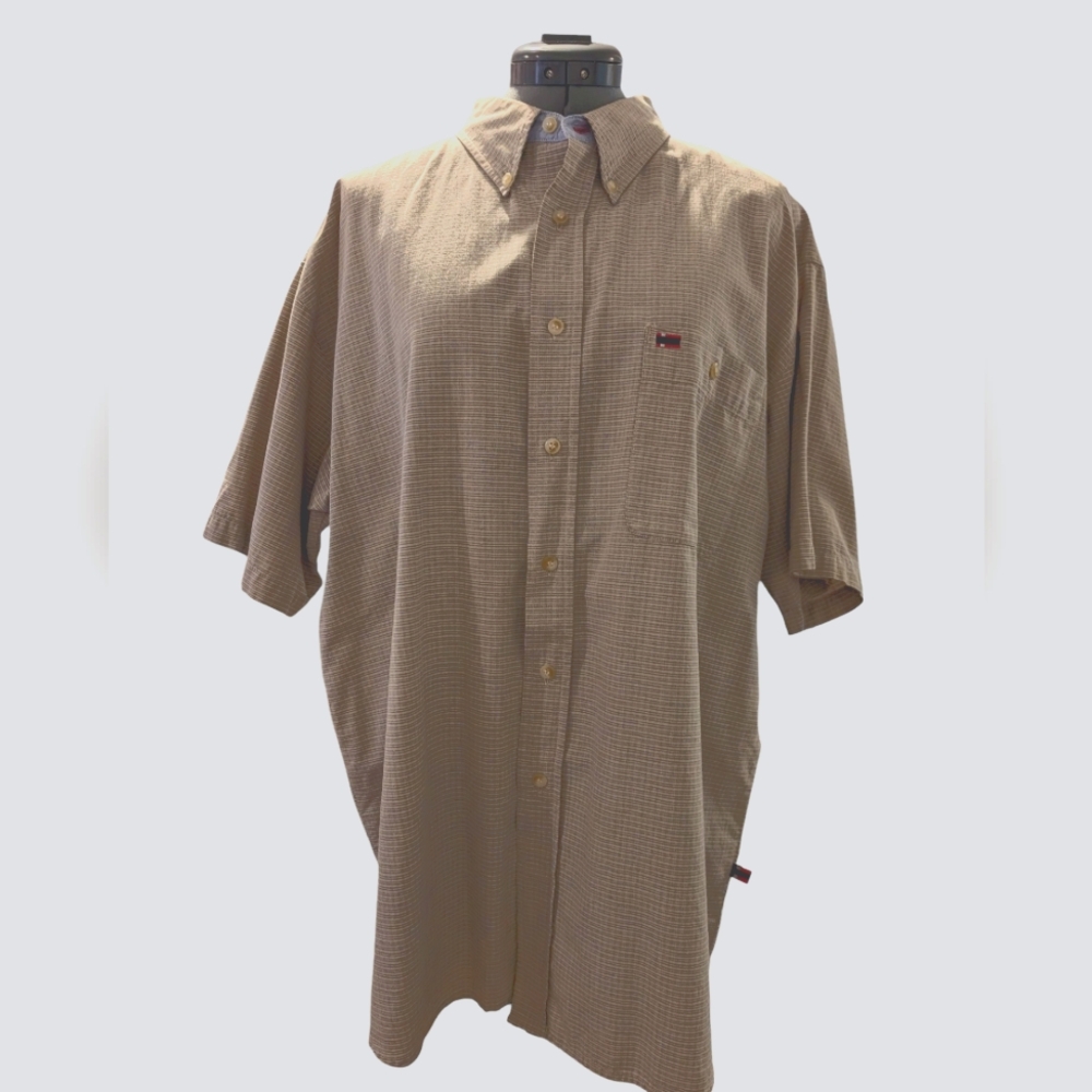 Men's Vintage Y2K Dimensions Tan Cotton Shirt Sleeve Button Up Top Large Striped